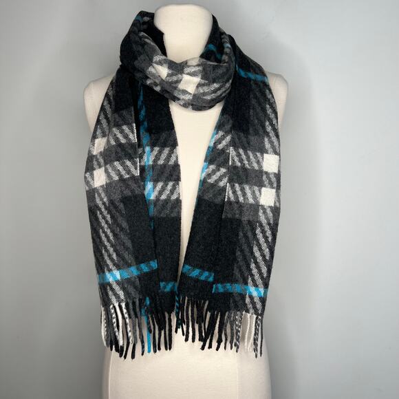 Burberry Grey Blue Plaid Check Striped Fringe 100% Cashmere Scarf - Picture 2 of 6